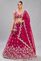 Deep Cherry Red Tissue Lehenga Choli with Pastel Scalloped Floral & Mirror Work