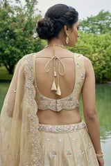 Warm Beige Tissue Lehenga Choli with Pastel Scalloped Mirror Embroidery