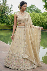 Warm Beige Tissue Lehenga Choli with Pastel Scalloped Mirror Embroidery