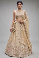 Warm Beige Tissue Lehenga Choli with Pastel Scalloped Mirror Embroidery