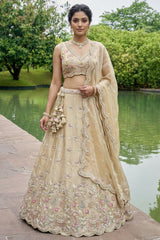 Warm Beige Tissue Lehenga Choli with Pastel Scalloped Mirror Embroidery