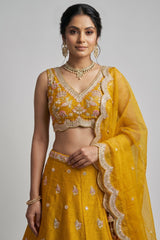 Mustard Tissue Lehenga Choli with Pastel Floral & Mirror Work