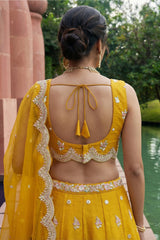 Mustard Tissue Lehenga Choli with Pastel Floral & Mirror Work