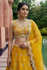 Mustard Tissue Lehenga Choli with Pastel Floral & Mirror Work