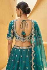 Deep Rama Teal Metallic Tissue Lehenga Choli with Scalloped Mirror & Sequin Embroidery