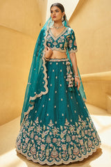 Deep Rama Teal Metallic Tissue Lehenga Choli with Scalloped Mirror & Sequin Embroidery