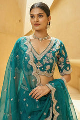 Deep Rama Teal Metallic Tissue Lehenga Choli with Scalloped Mirror & Sequin Embroidery