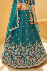 Deep Rama Teal Metallic Tissue Lehenga Choli with Scalloped Mirror & Sequin Embroidery