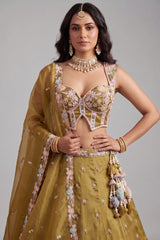 Mustard Olive Metallic Tissue Lehenga Choli with Pearl & Sequin Embroidery