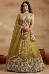 Mustard Olive Metallic Tissue Lehenga Choli with Pearl & Sequin Embroidery