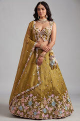 Mustard Olive Metallic Tissue Lehenga Choli with Pearl & Sequin Embroidery