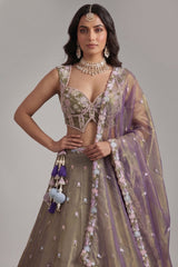 Muted Purple Tissue Multi-Pastel Embroidered Botanical Clusters and Scalloped Lehenga Choli