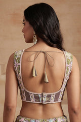 Muted Purple Tissue Multi-Pastel Embroidered Botanical Clusters and Scalloped Lehenga Choli