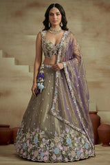 Muted Purple Tissue Multi-Pastel Embroidered Botanical Clusters and Scalloped Lehenga Choli