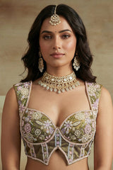 Muted Purple Tissue Multi-Pastel Embroidered Botanical Clusters and Scalloped Lehenga Choli