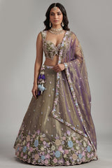 Muted Purple Tissue Multi-Pastel Embroidered Botanical Clusters and Scalloped Lehenga Choli