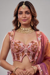 Rust Orange Metallic Tissue Pastel Floral Embroidery Scalloped Lehenga Choli