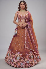 Rust Orange Metallic Tissue Pastel Floral Embroidery Scalloped Lehenga Choli