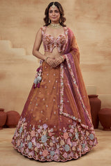 Rust Orange Metallic Tissue Pastel Floral Embroidery Scalloped Lehenga Choli