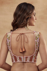 Rust Orange Metallic Tissue Pastel Floral Embroidery Scalloped Lehenga Choli
