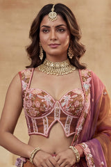 Rust Orange Metallic Tissue Pastel Floral Embroidery Scalloped Lehenga Choli