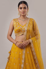 Vibrant Mustard Yellow Chinon Silk Lehenga Choli with Pearl & Sequin Woodland Motifs