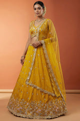 Vibrant Mustard Yellow Chinon Silk Lehenga Choli with Pearl & Sequin Woodland Motifs