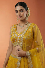 Vibrant Mustard Yellow Chinon Silk Lehenga Choli with Pearl & Sequin Woodland Motifs