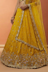 Vibrant Mustard Yellow Chinon Silk Lehenga Choli with Pearl & Sequin Woodland Motifs