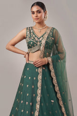 Deep Rama Green Chinon Silk Lehenga Choli with Pearl & Sequin Woodland Motifs