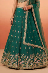 Deep Rama Green Chinon Silk Lehenga Choli with Pearl & Sequin Woodland Motifs