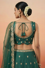 Deep Rama Green Chinon Silk Lehenga Choli with Pearl & Sequin Woodland Motifs
