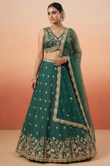 Deep Rama Green Chinon Silk Lehenga Choli with Pearl & Sequin Woodland Motifs