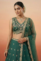 Deep Rama Green Chinon Silk Lehenga Choli with Pearl & Sequin Woodland Motifs