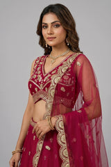 Dark Pink Chinon Silk Lehenga Choli with Pearl & Sequin Woodland Motifs