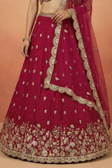 Dark Pink Chinon Silk Lehenga Choli with Pearl & Sequin Woodland Motifs