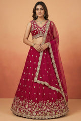 Dark Pink Chinon Silk Lehenga Choli with Pearl & Sequin Woodland Motifs
