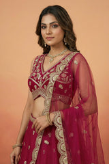 Dark Pink Chinon Silk Lehenga Choli with Pearl & Sequin Woodland Motifs