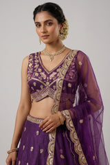 Deep Royal Purple Chinon Silk Lehenga Choli with Pearl & Sequin Woodland Motifs