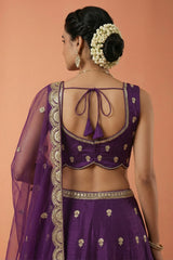 Deep Royal Purple Chinon Silk Lehenga Choli with Pearl & Sequin Woodland Motifs
