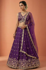 Deep Royal Purple Chinon Silk Lehenga Choli with Pearl & Sequin Woodland Motifs