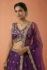 Deep Royal Purple Chinon Silk Lehenga Choli with Pearl & Sequin Woodland Motifs