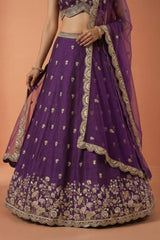 Deep Royal Purple Chinon Silk Lehenga Choli with Pearl & Sequin Woodland Motifs