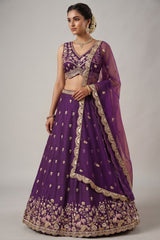 Deep Royal Purple Chinon Silk Lehenga Choli with Pearl & Sequin Woodland Motifs