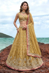 Olive Gold Tissue Lehenga Choli with Jharokha Pearl & Sequin Embroidery