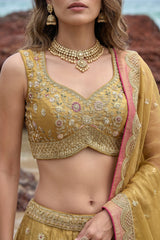 Olive Gold Tissue Lehenga Choli with Jharokha Pearl & Sequin Embroidery