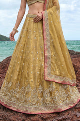 Olive Gold Tissue Lehenga Choli with Jharokha Pearl & Sequin Embroidery