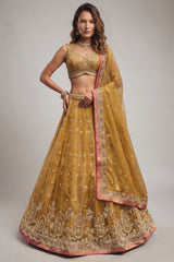 Olive Gold Tissue Lehenga Choli with Jharokha Pearl & Sequin Embroidery