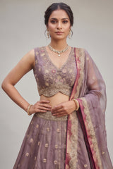 Dusty Purple Tissue Lehenga Choli with Jharokha Pearl & Sequin Embroidery