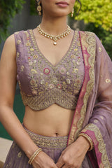 Dusty Purple Tissue Lehenga Choli with Jharokha Pearl & Sequin Embroidery